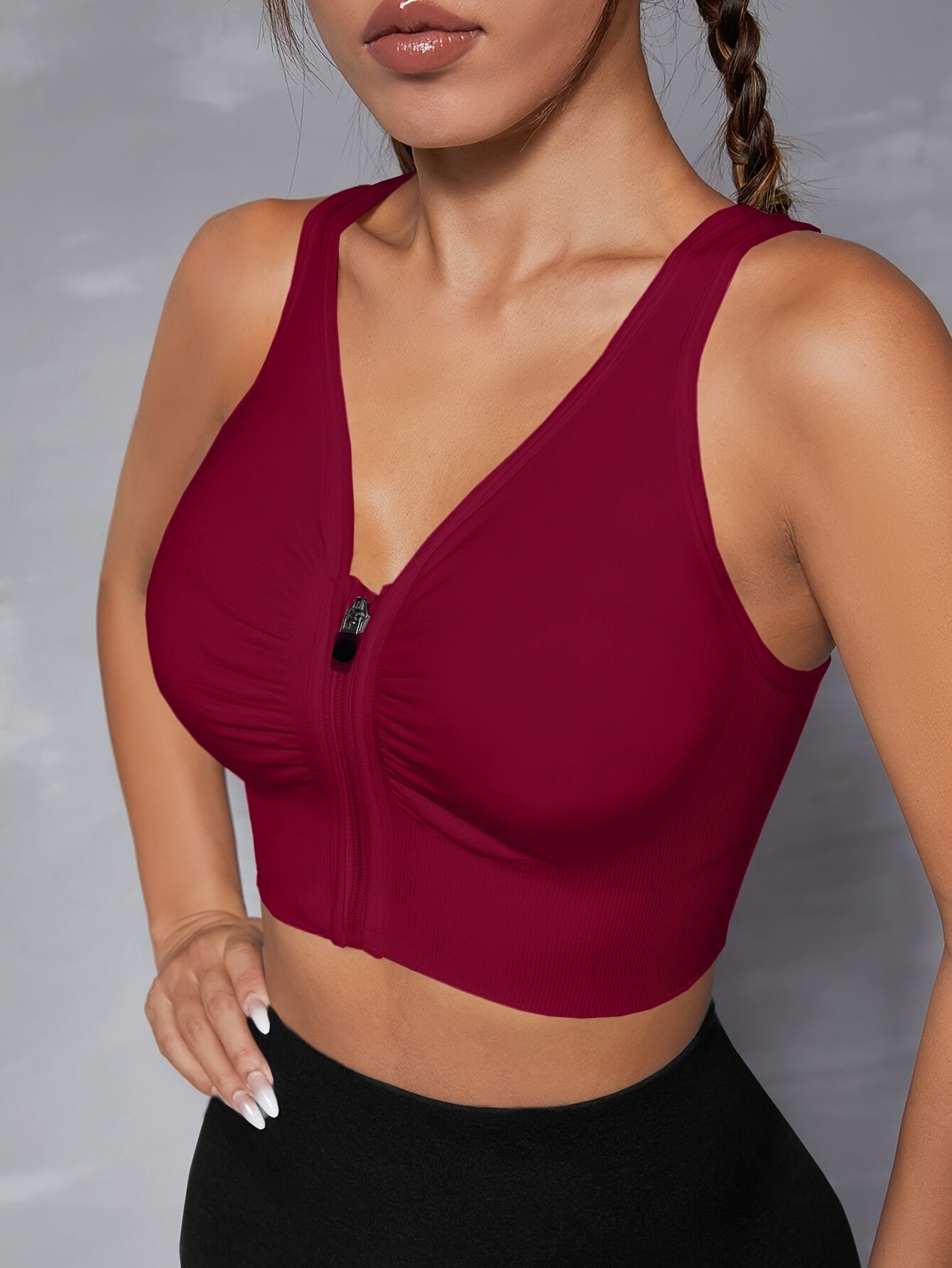 Women's Seamless Sports Bra With Zipper Front, Wide Shoulder Straps, Padded, Wire-Free, Comfort Fit, Racerback, Gym Fitness Yoga Bra Top