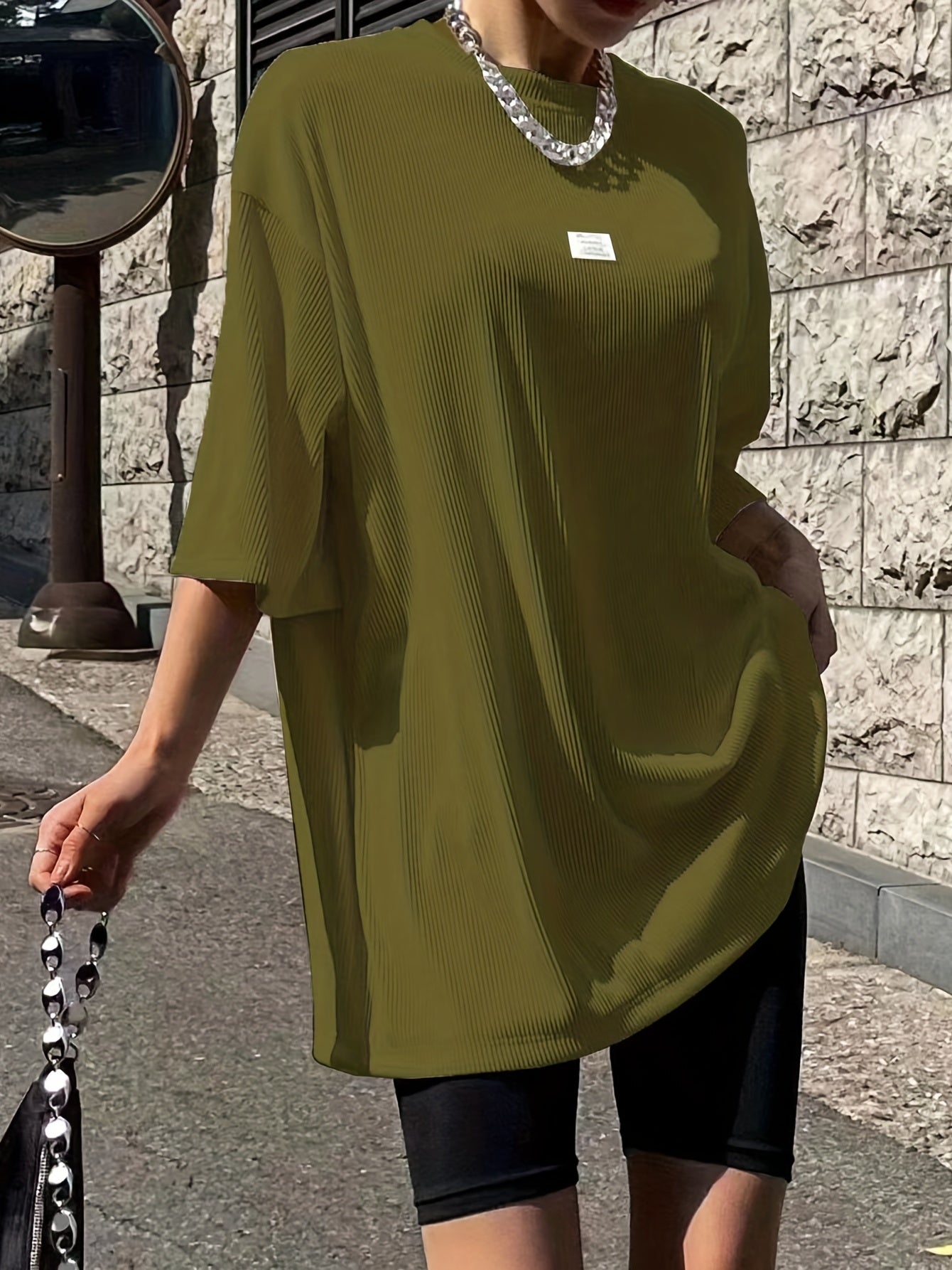 Oversized Drop Shoulder Ribbed T-Shirt, Casual Crew Neck Short Sleeve T-Shirt For Spring & Summer, Women's Clothing