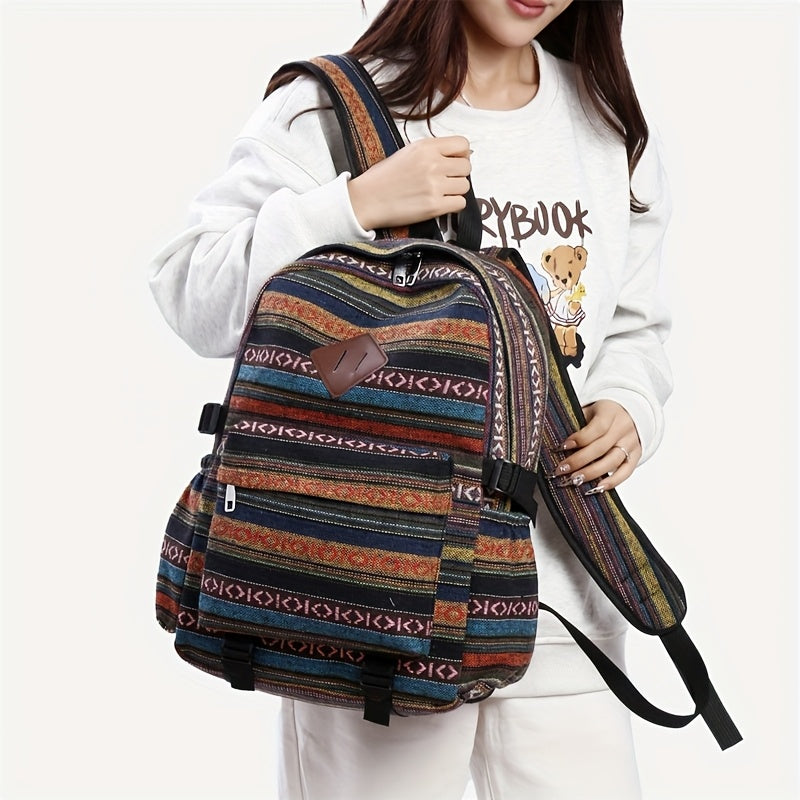 2025 vintage style backpack with adjustable straps, multiple compartments in brown, red, blue, and gray, large capacity travel and vacation backpack, travel backpack