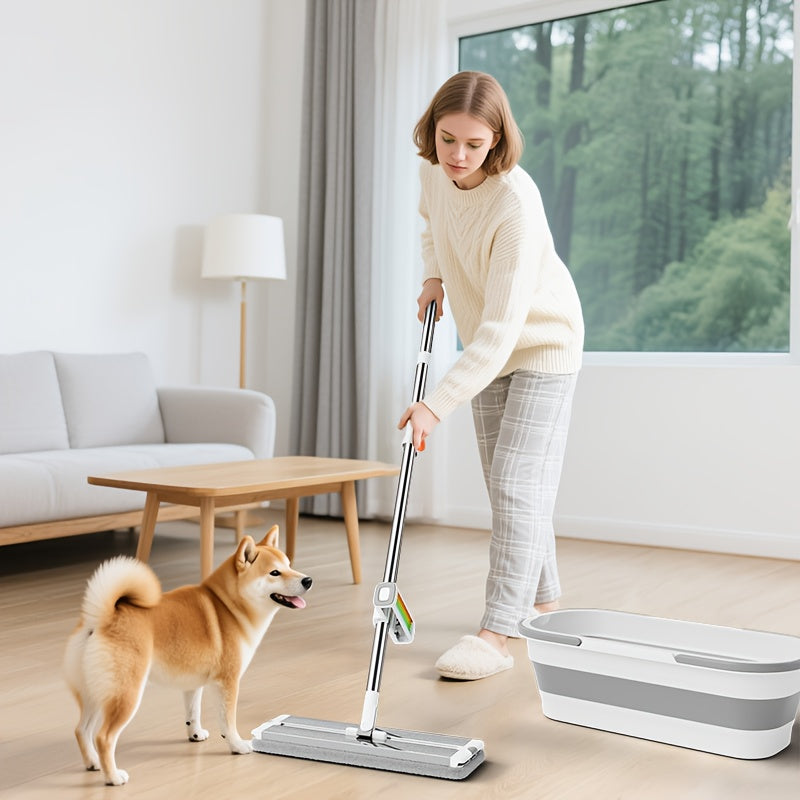 360° Rotating Mop and Bucket Set with Built-in Wringer, Dual Use for Dry & Wet Cleaning Without Handwashing, 6pcs Reusable Pads Included, Stainless Steel Headboard Handle Suitable for Bedroom, Living Room Pet Hair Removal -
