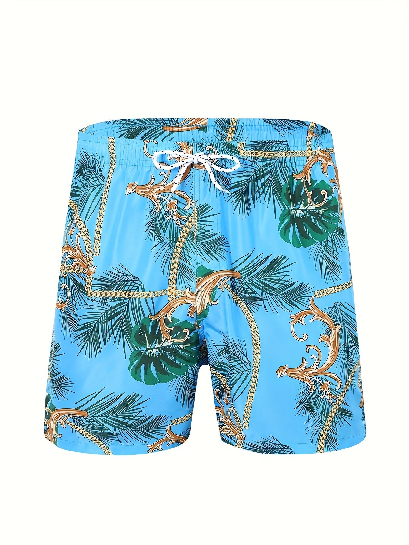 Men's Quick Dry Hawaiian Board Shorts With Pockets, Casual Coconut Tree Graphic Drawstring Swim Trunks For Summer Vacation Beach Pool Outdoor