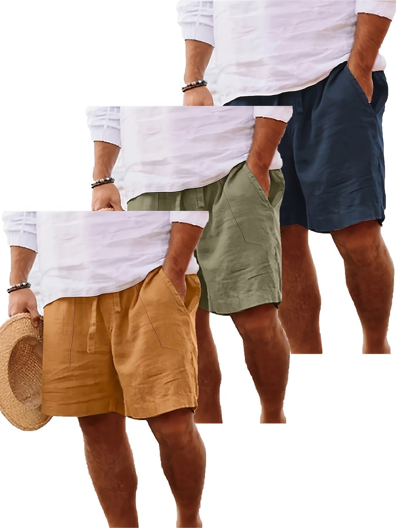 Men's Summer Shorts, Drawstring Elastic Waist, Straight Leg Solid Color Breathable Casual Beach Capri Pants - Three-Pack