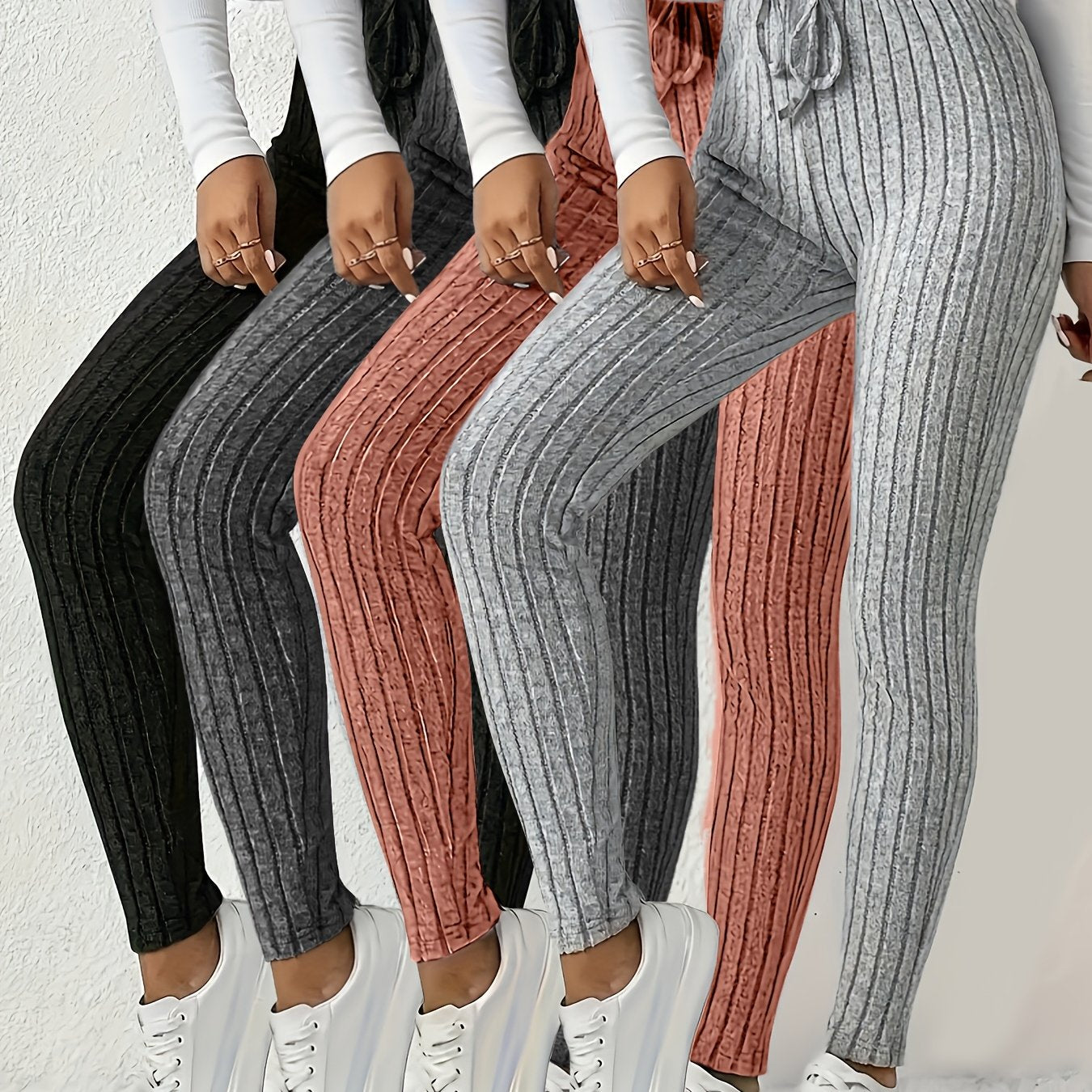 4pcs Women'S High-Waisted Leggings - Sexy Ribbed Design, Stretchy & Comfortable, Solid Colors (Black, Green, Purple, Beige) for Fall/Winter, Perfect for Running & Casual Wear, High Waisted Leggings