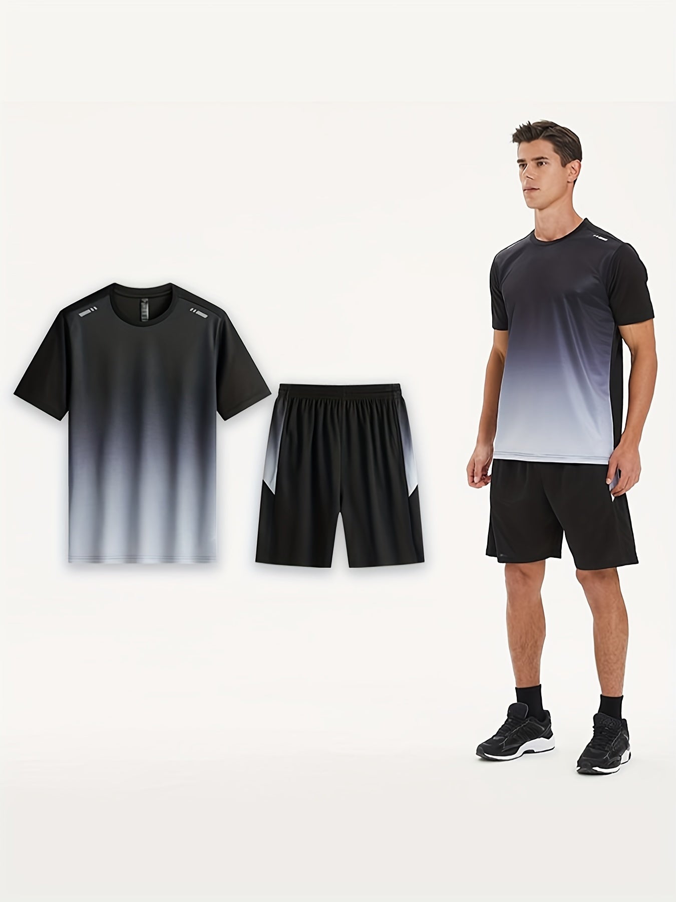 2-piece Men's Summer Basketball Training Running Outfit Set, Gradient Short Sleeve T-shirt & Quick-drying Shorts Set