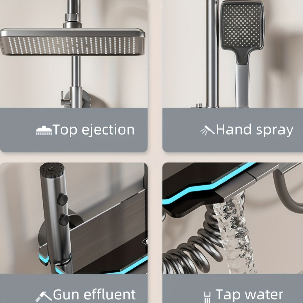 Luxury Gun Gray Shower Head Set, Piano Key Ambient Light, High Pressure Rainfall System, 4-in-1 Bathroom Accessories Kit, Digital Shower Head, Ideal Gift for Home Bathroom Decor, Perfect for Easter and Ramadan