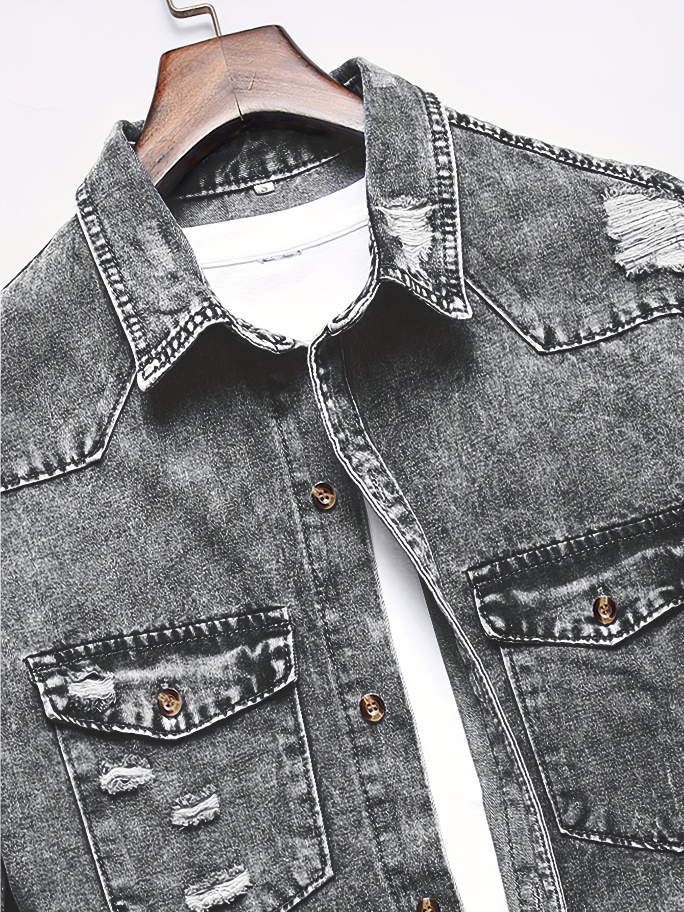 Men's Trendy Ripped Design Casual Button Up Long Sleeve Denim Shirt, Men's Clothes For Spring Summer Autumn, Tops For Men