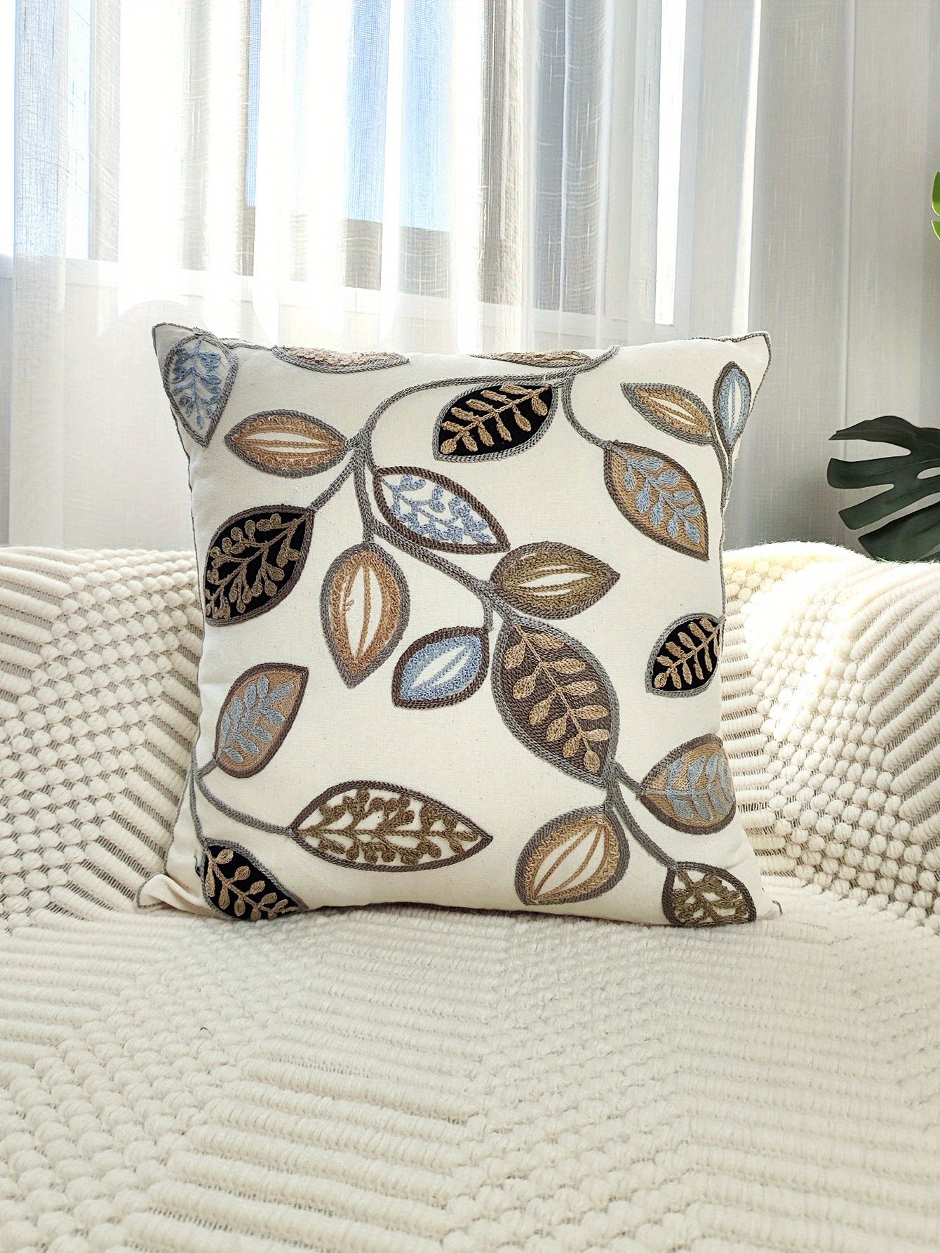 1pc Leaf Embroidered Decorative Throw Pillow Case, Canvas Cushion Cover For Living Room, Home Decor