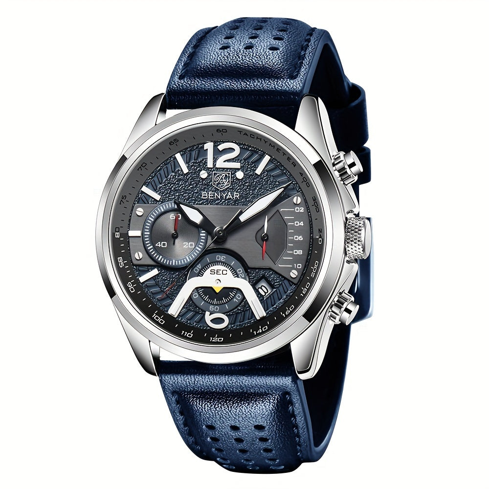 BENYAR Men's Quartz Chronograph Watch with Faux Leather Strap, 30m Waterproof, Fashionable Sport and Business Design, Elegant Gift for Men, Multifunctional, Calendar