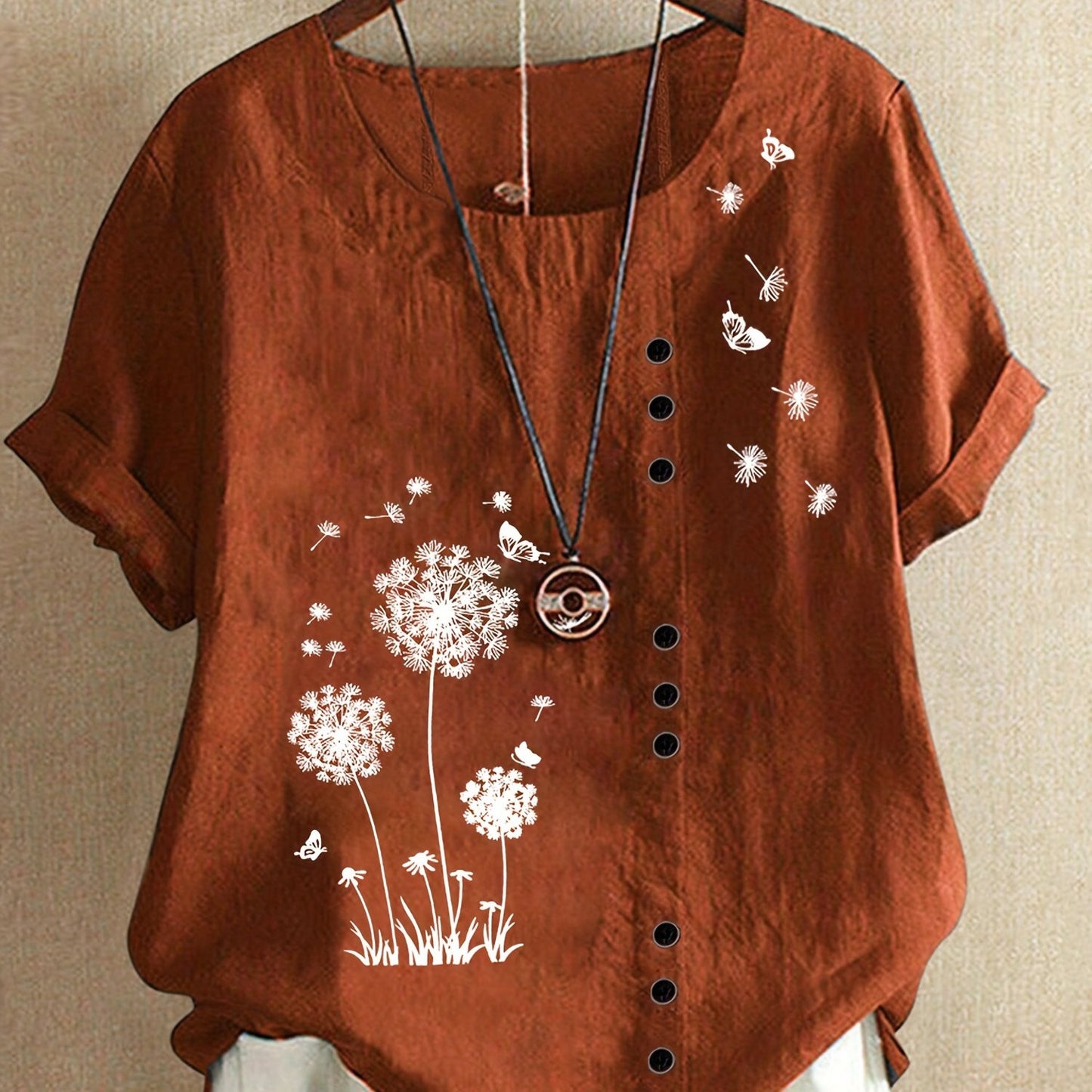 Dandelion Print Button Decor T-Shirt, Casual Crew Neck Short Sleeve T-Shirt For Spring & Summer, Women's Clothing