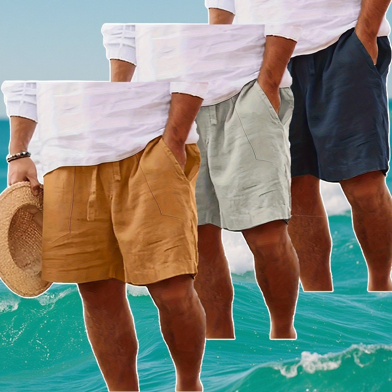 Men's Summer Shorts, Drawstring Elastic Waist, Straight Leg Solid Color Breathable Casual Beach Capri Pants - Three-Pack