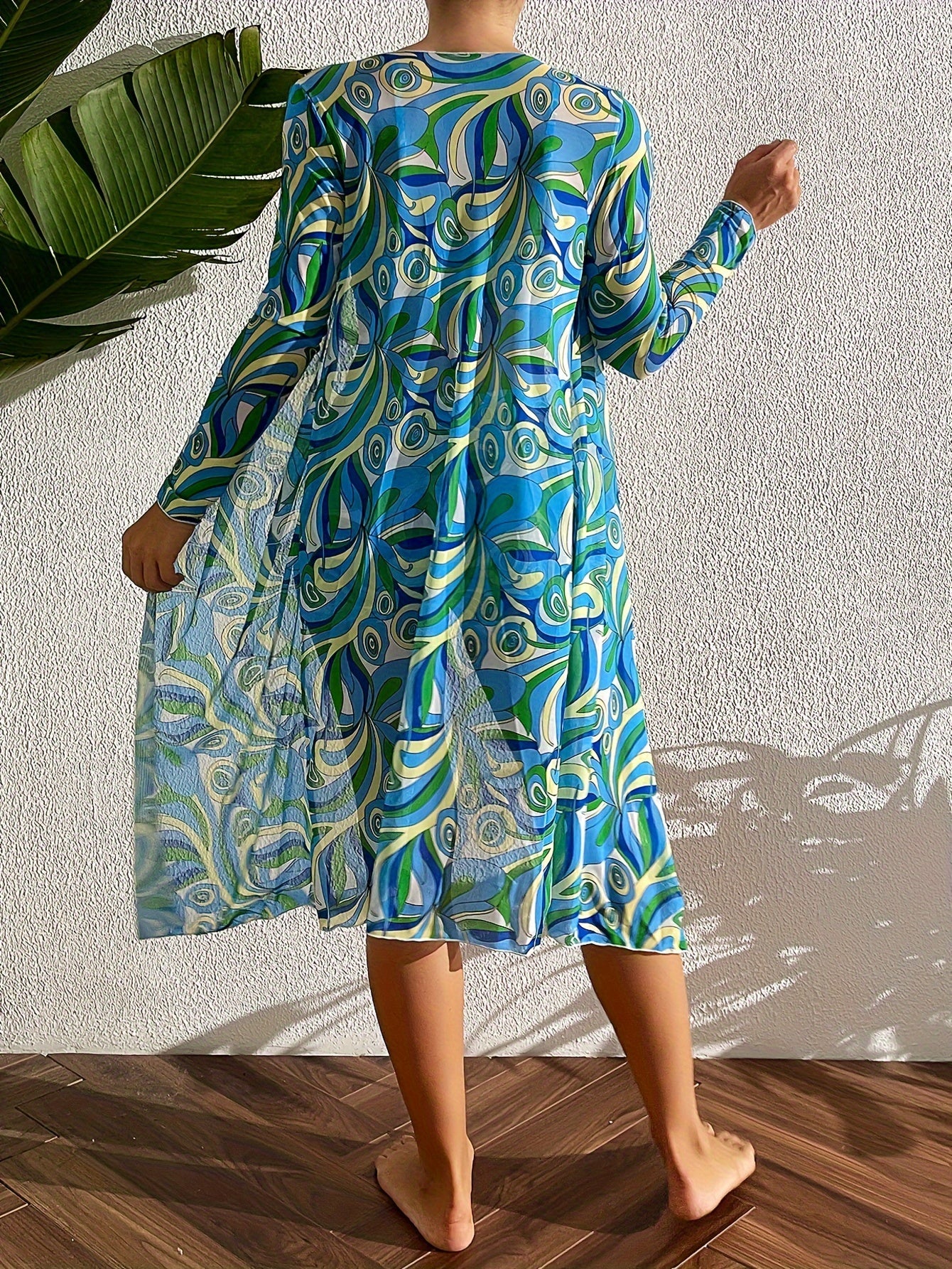 3-piece Geometrical Print Drawstring Bikini Sets, Boxer Short High Rise Bathing Suit, With Long Sleeve Sheer Cover Up Kimono Shirt, Women's Denim & Clothing