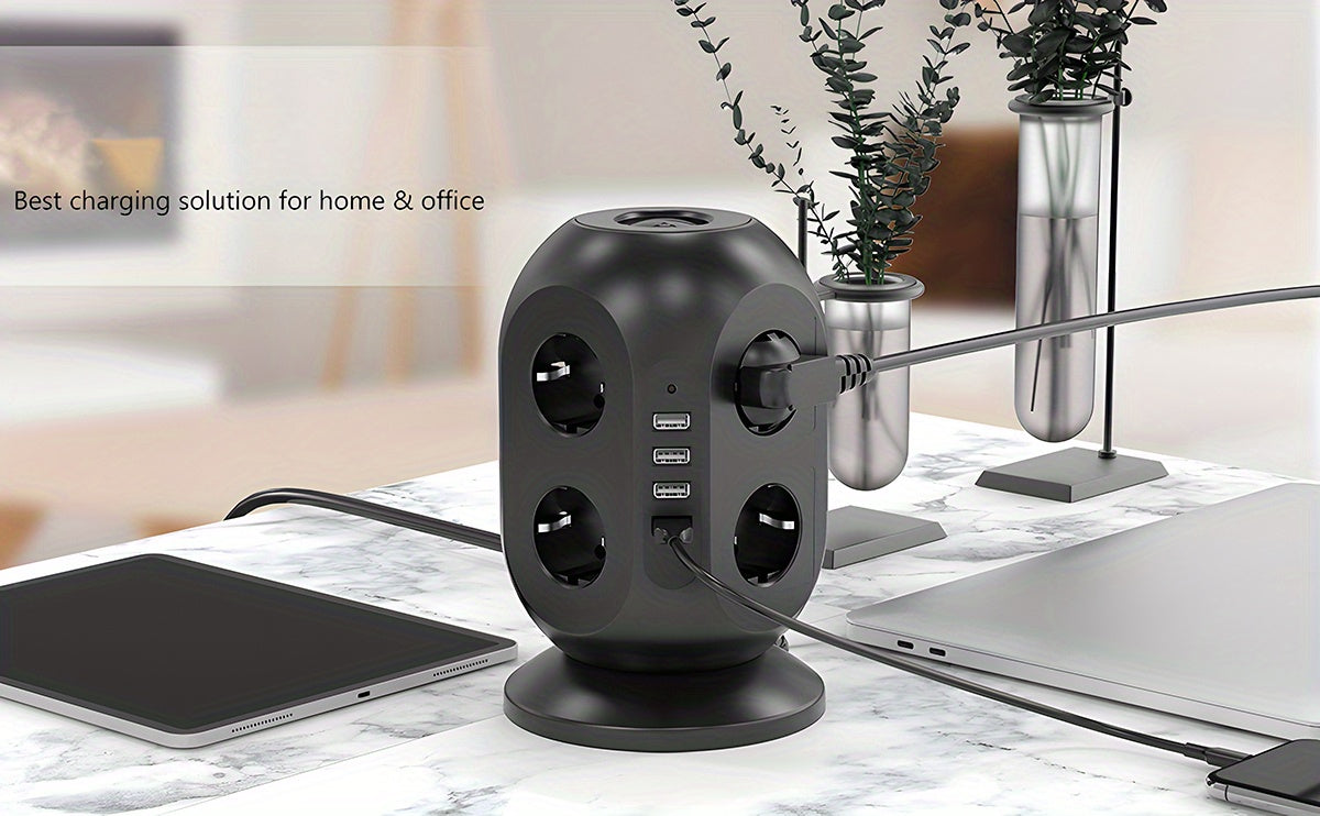 12-way power strip with 4 USB, multi-socket tower, 1.8m extension cable, power strip with double for Switch, desktop socket tower surge protection for garden, office, kitchen