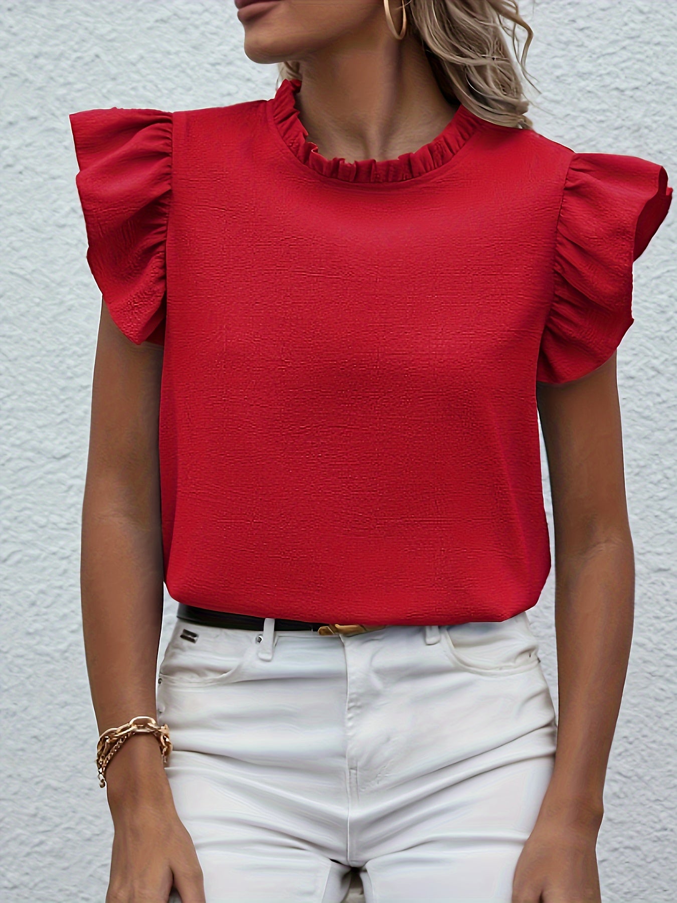 Ruffle Trim Crew Neck Blouse, Casual Solid Color Flutter Sleeve Blouse For Spring & Summer, Women's Clothing Wedding holiday vacation