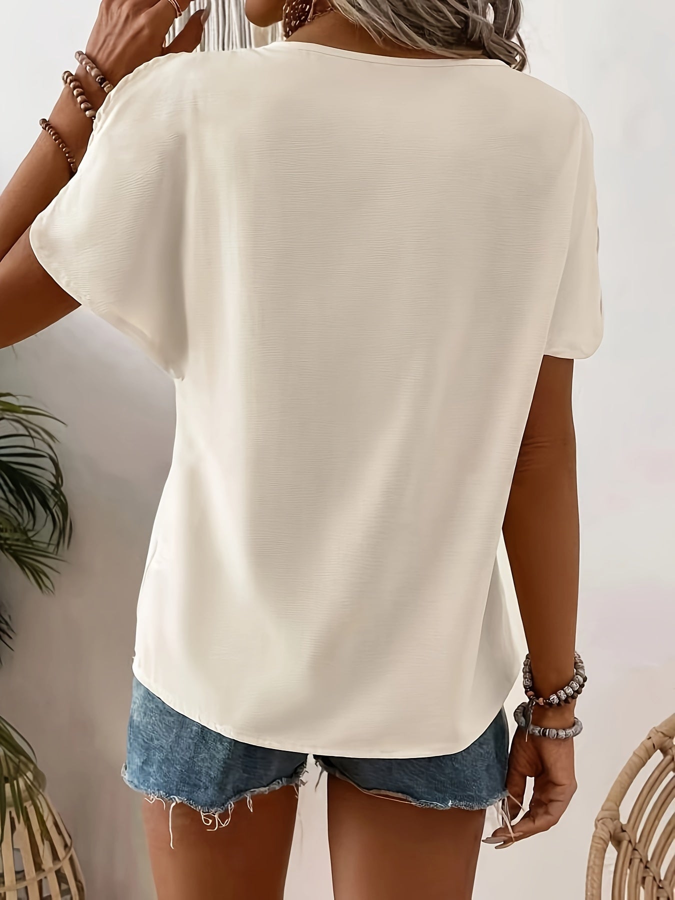 Contrast Lace Crew Neck Blouse, Elegant Solid Split Sleeve Blouse For Spring & Summer, Women's Clothing