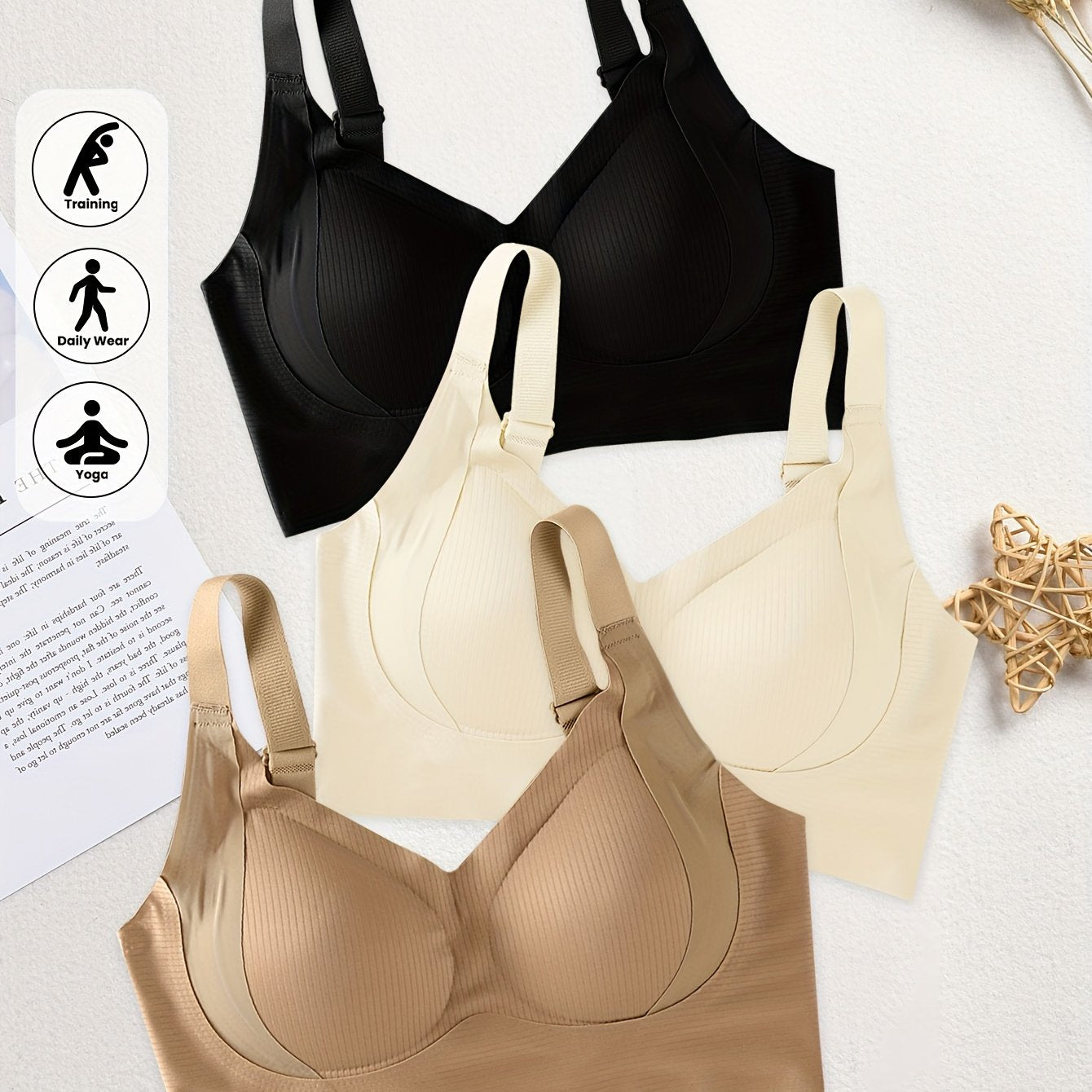 3pcs Women'S Seamless Sports Bras, Wire-Free Push-Up Bra with Full Coverage Back, Smooth and Sexy Underwear for Gym, Yoga, and Casual Wear, Yoga Apparel, Vneck Design, Medium Elasticity, Wireless Bra For Women, Freedaily, Spo