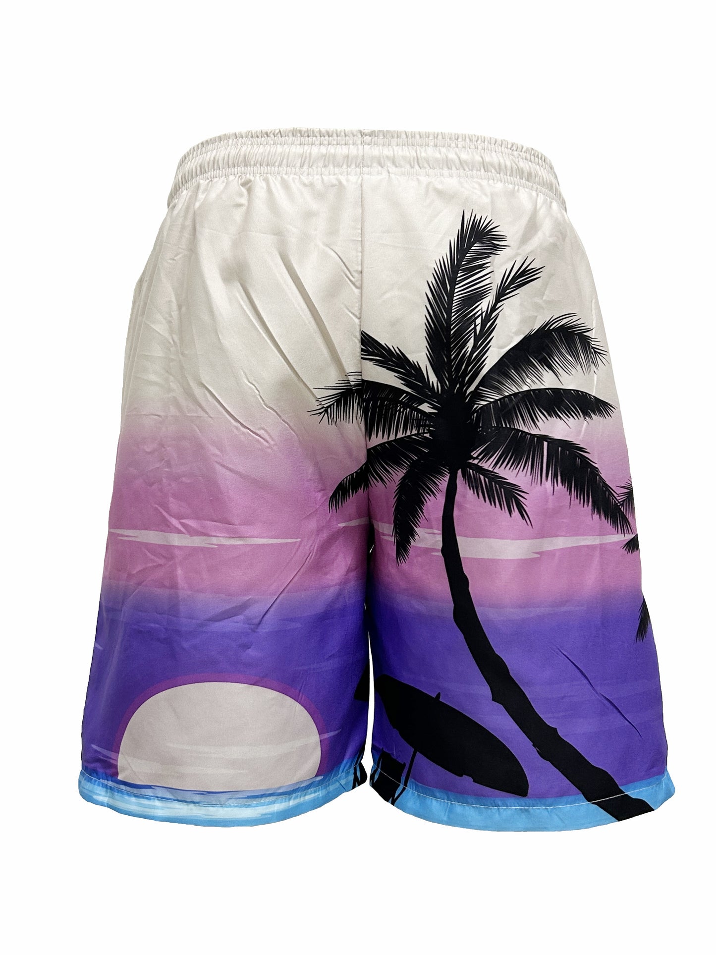 Quick Drying Comfortable Breathable Gradient Palm Tree At Dawn Seaside Drawstring Swim Trunks, Men's Board Shorts Swimwear For Summer Vacation Resort Beach Pool