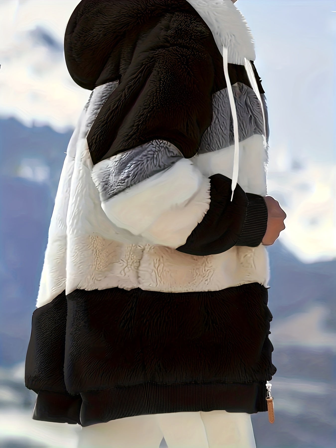 Women's Plush Faux Fur Hooded Jacket - Loose Fit Color Block Coat with Blue/Beige/White/Black Design, Long Sleeve Winter Warmth, Machine Washable for Casual & Formal Outfits, Ladies Winter Coats, Autumn Layering Piece, Formal