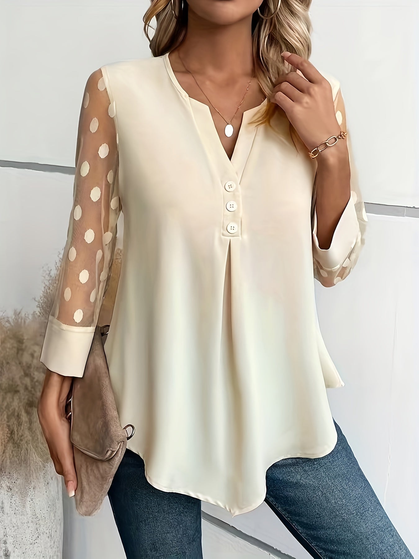 Solid Button Front Blouse, Elegant Long Sleeve Notched Neck Top, Women's Clothing