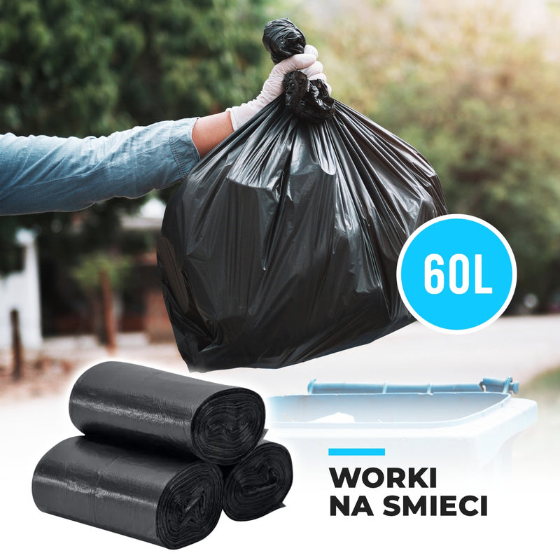 Trash Bags, 60L, Black, Classic, Heavy-Duty, 10 Rolls, 100 Pieces – Reliable 60L Waste Bags, Perfect for Collecting Waste at Home, Office, and Institutions, Made from Thick, Durable LDPE Film, Tear and Stretch Resistant, Fe