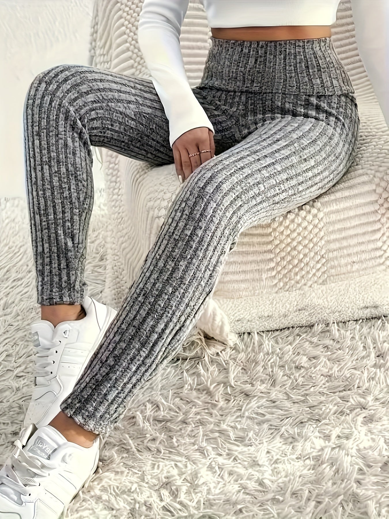 Leggings Femininas de Cintura Alta em Malha Canelada – Pack 3