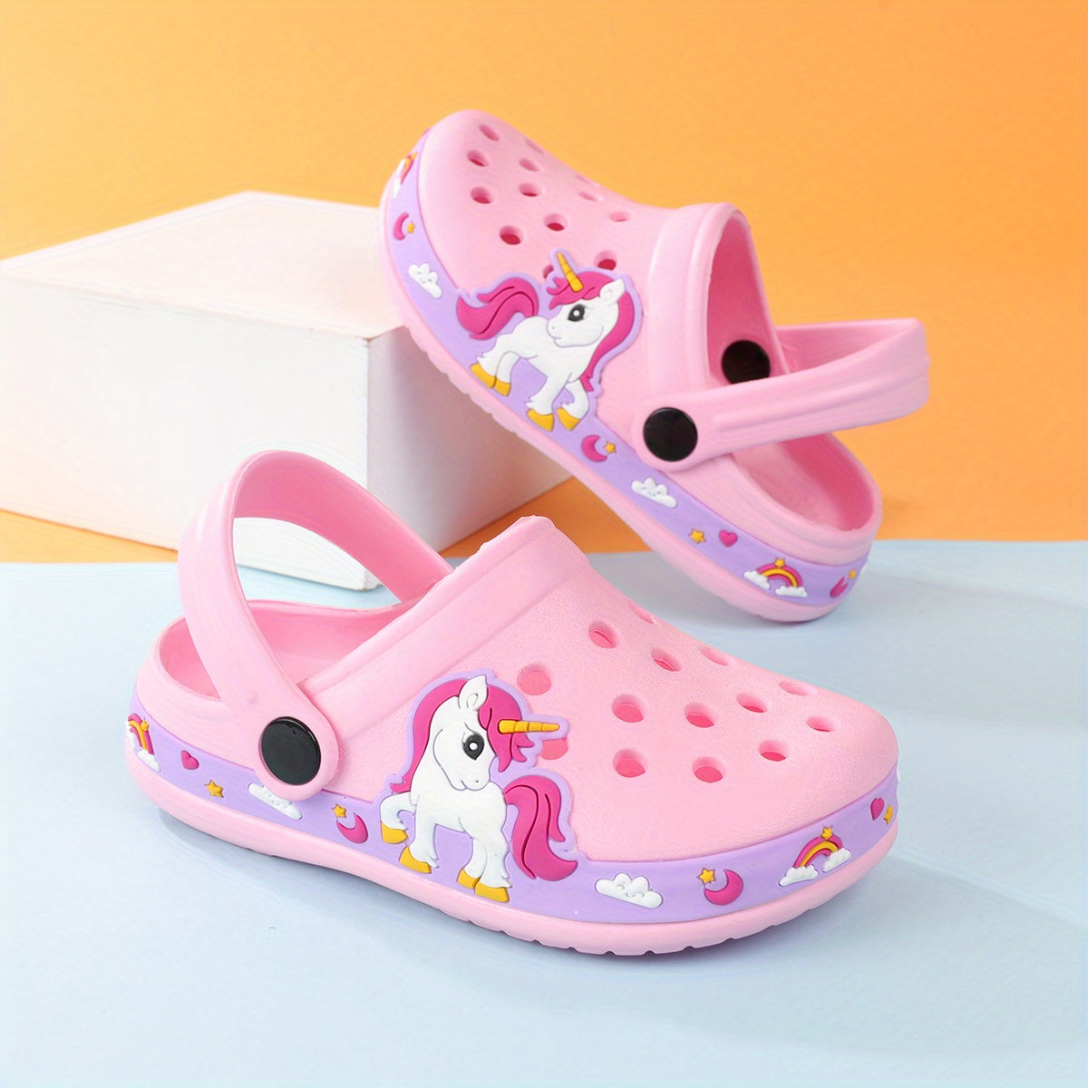 Toddler Girls Cute Cartoon Print Closed Toe Slip On Platform Clogs, Children's Casual Outdoor Anti-skid Hollow Out Sandals Beach Garden Shoes