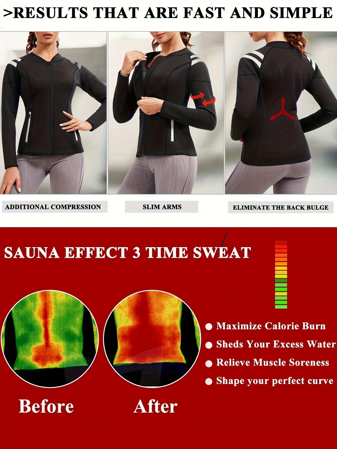 Long Sleeve Full Zipper Sweat Sauna Suit, Waist Training Weight Loss Slimming Fitness Workout Sports Jacket, Women's Clothing