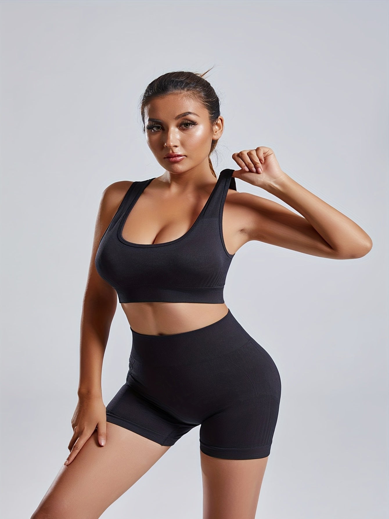 Women'S Seamless Sports Yoga Set, Summer New High Stretch Knit Fabric, Solid Color Polyamide 90% Elastane 10%, Short Length Fitness Gym Wear with Backless Bra and Butt Lifting Yoga Pants