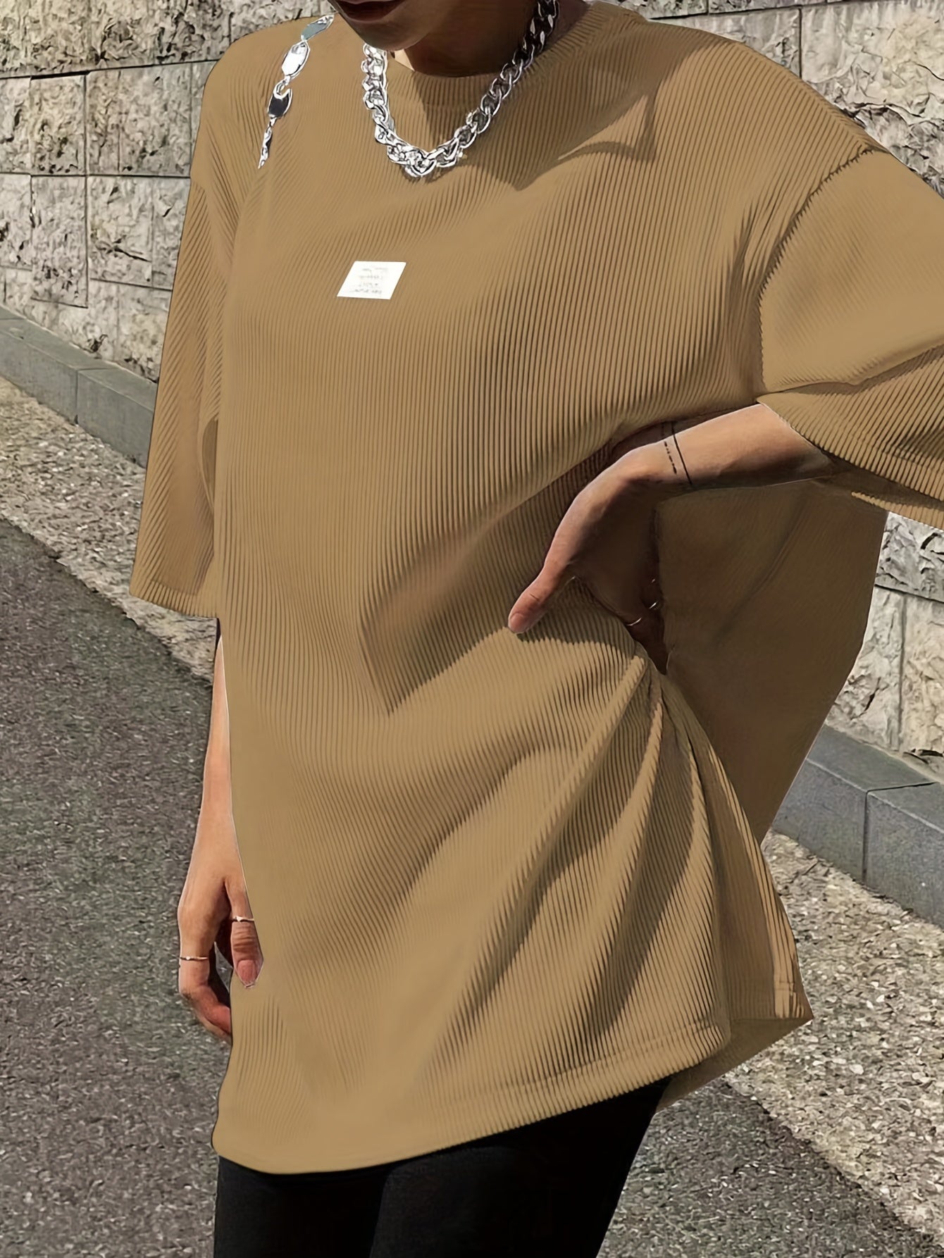 Oversized Drop Shoulder Ribbed T-Shirt, Casual Crew Neck Short Sleeve T-Shirt For Spring & Summer, Women's Clothing
