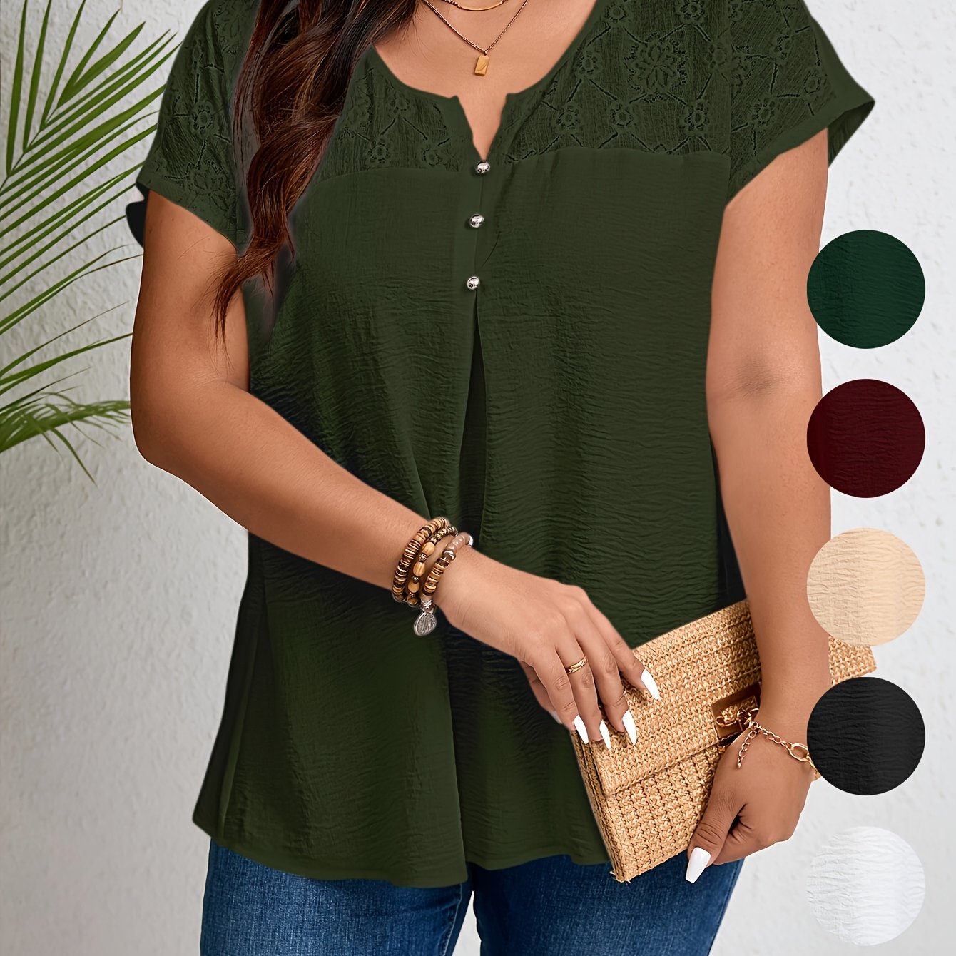 Women'S Plus Size Casual Top - Elegant Maroon Blouse with Contrast Lace Detail, Non-Stretch Fabric, Perfect for Spring/Summer/Fall, Plus Size Blouses