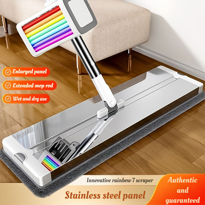 360° Rotating Mop and Bucket Set with Built-in Wringer, Dual Use for Dry & Wet Cleaning Without Handwashing, 6pcs Reusable Pads Included, Stainless Steel Headboard Handle Suitable for Bedroom, Living Room Pet Hair Removal -