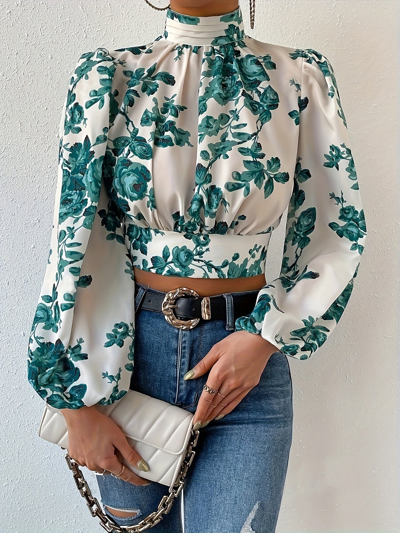 Floral Print Tie Back Crop Blouse, Elegant Lantern Sleeve Cut Out Blouse For Spring & Fall, Women's Clothing
