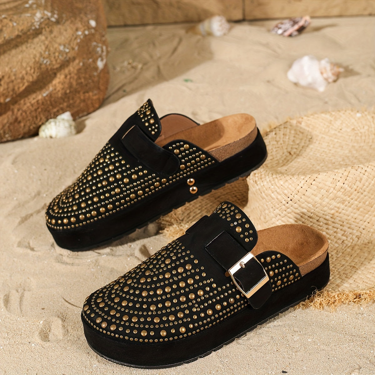 2025 Summer New Rhinestone Vacation Style Casual Slip-On Thick Sole Beach Mules