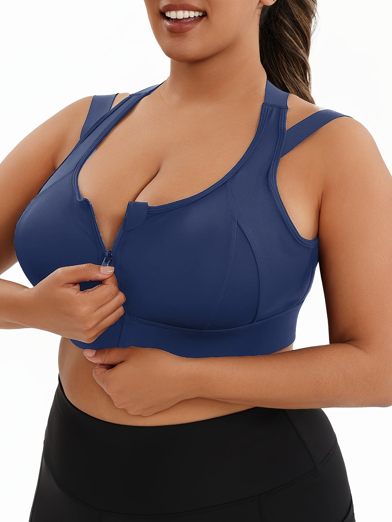 Women's Plus Size Sports Bra, Front Zip Closure, High Support Fitness Active Wear, Breathable Comfortable Lingerie, For Basketball Yoga Sports, Simple Look