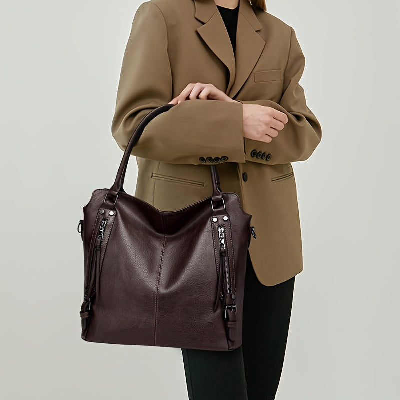 Women'S Large Capacity Tote Bag - Stylish Brown with Golden-Tone Hardware, Zipper Closure & Detachable Strap, Perfect for Work Or Everyday Use, Versatile Carryall | Elegant | Durable, Large Tote Bag
