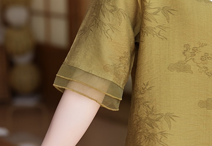 Women'S Elegant Summer Blouse with Floral Pattern - Short Sleeve, Mandarin Collar, Loose Fit, Light Olive Green, Perfect for Casual Attire, Casual Attire Blouse | Floral Pattern Top | Mandarin Collar Shirt