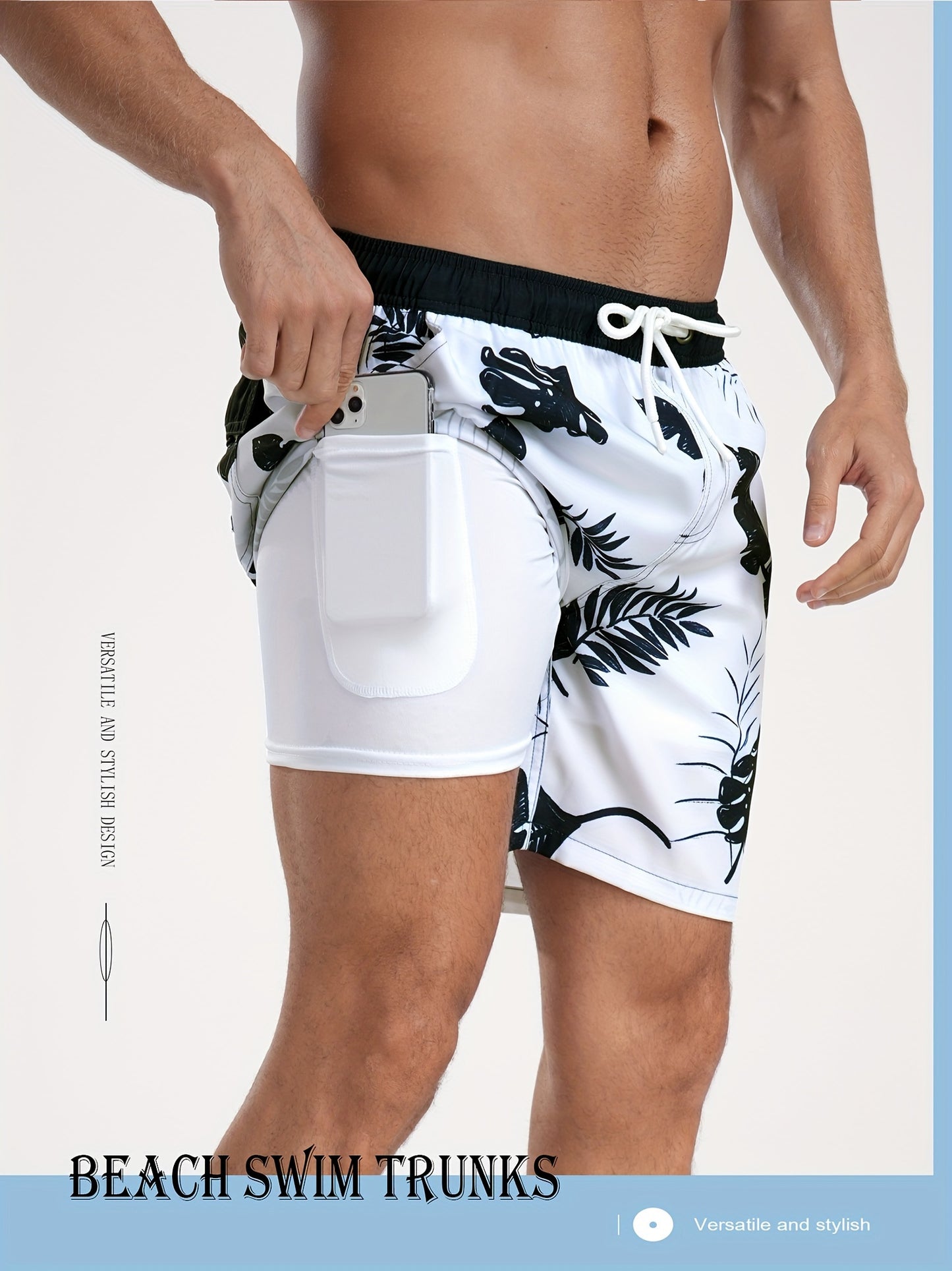 Men's Quick-Dry Beach Shorts with Tropical Palm Tree & Palm Leaf Print - Breathable Stretch Fabric for Summer, Outdoor, Hiking, Swimming - Machine Washable Casual Athletic Shorts, Outdoor Activewear, Summer Shorts