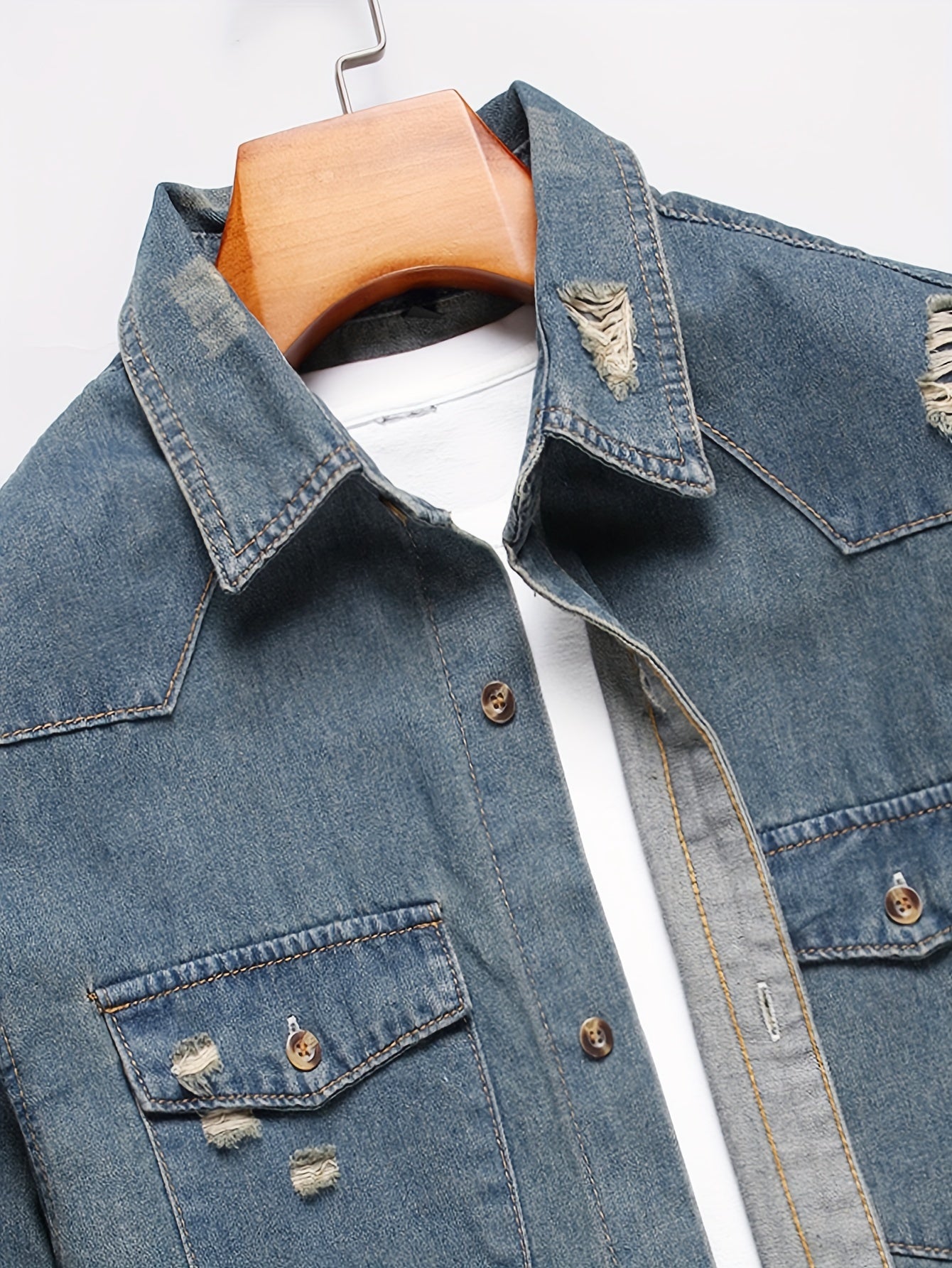 Men's Trendy Ripped Design Casual Button Up Long Sleeve Denim Shirt, Men's Clothes For Spring Summer Autumn, Tops For Men