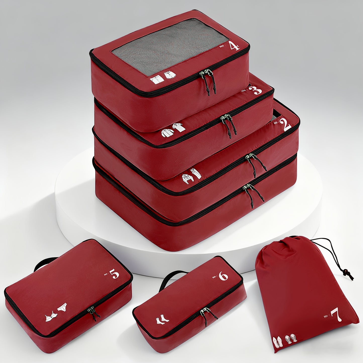 7pcs All-in-One Luggage Organizer Set with Shoe Bag & Laundry Pouch - Heavy-Duty Travel Packing Cubes, Zippered Compartments, Space-Saving Design for Suitcase, Backpack, Business Trip, Vacation, Camping - Machine Washable, Re