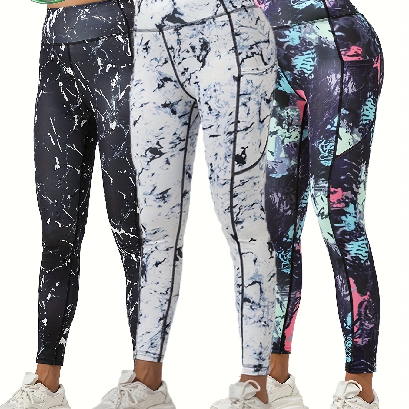 Three-Pack Tie-Dye Print Yoga Pants, Polyester Spandex Fabric Soft Comfortable High Waist Stretchy Fitted Leggings for Daily Wear Workout Casual Cycling Outdoor