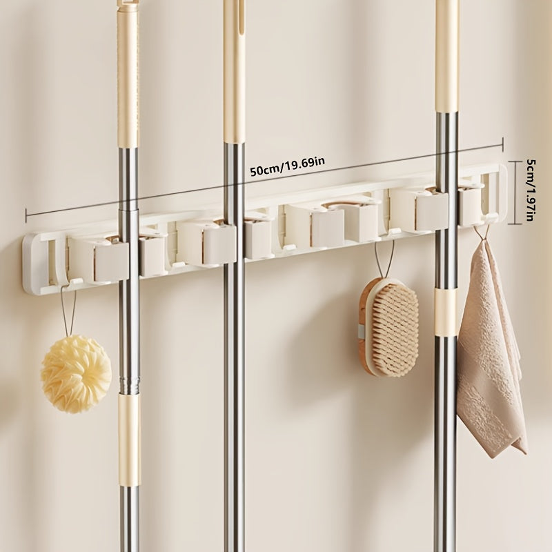 Bathroom Storage Rack Metal Mop & Broom Holder with Adjustable Hooks, Wall-Mounted Storage Organizer for Home, Kitchen, Garden, Laundry, Garage - Lacquered, Space-Saving Shelf for Mops, Brooms, Tools, Shelves