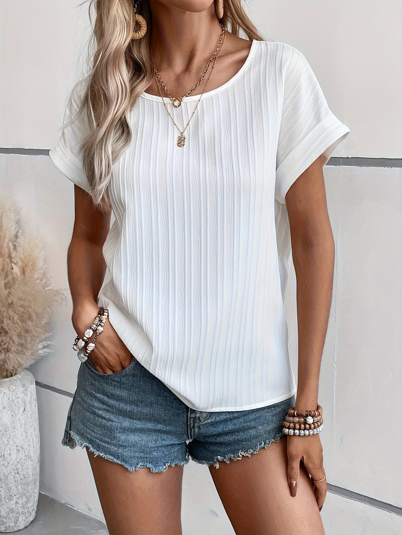 Solid Crew Neck Textured Simple Blouse, Elegant Short Sleeve Blouse For Spring & Summer, Women's Clothing