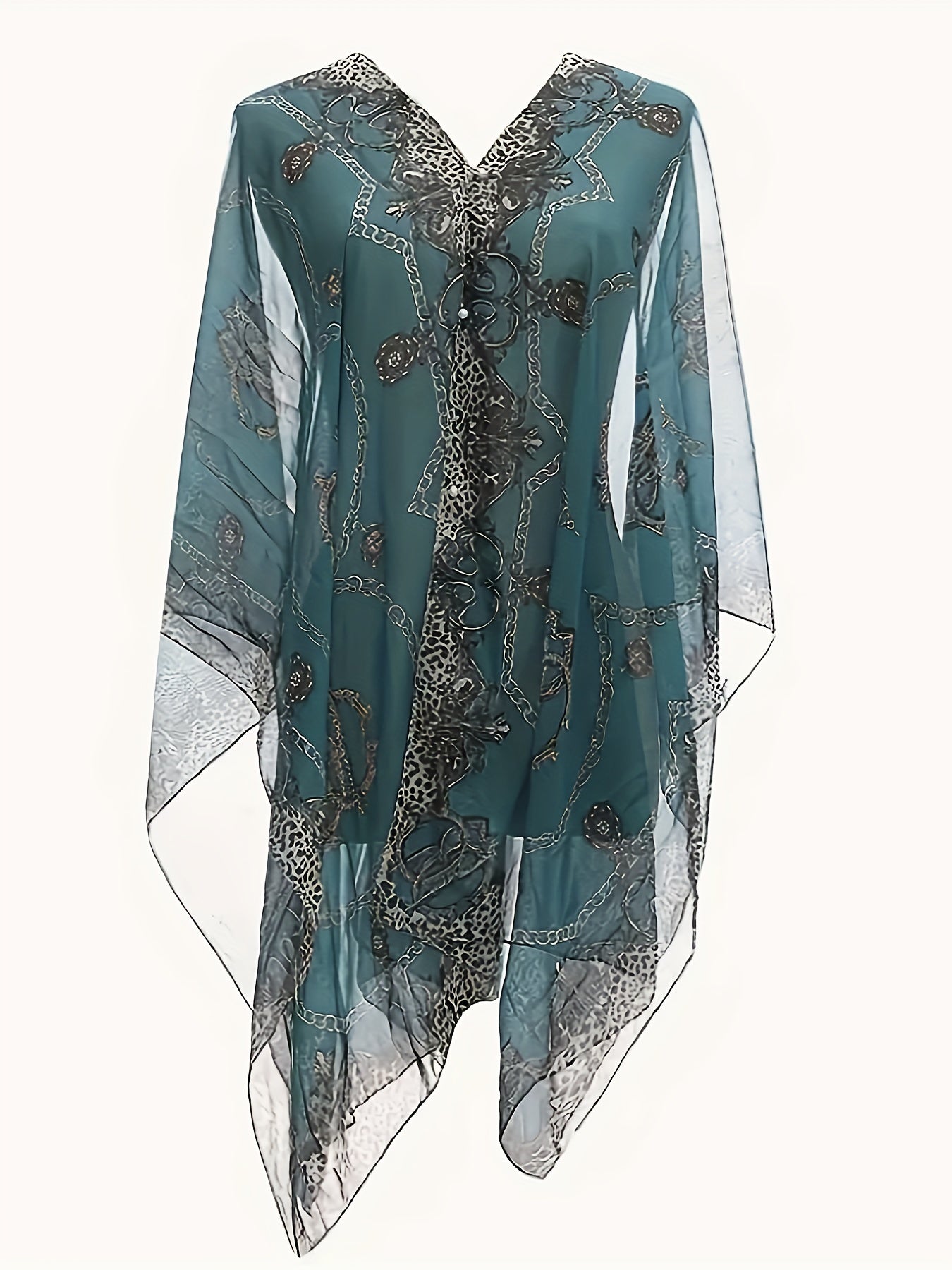 Plus Size Chain Print V Neck Shawl Top, Elegant Long Sleeve Blouse For Spring & Summer, Women's Plus Size Clothing
