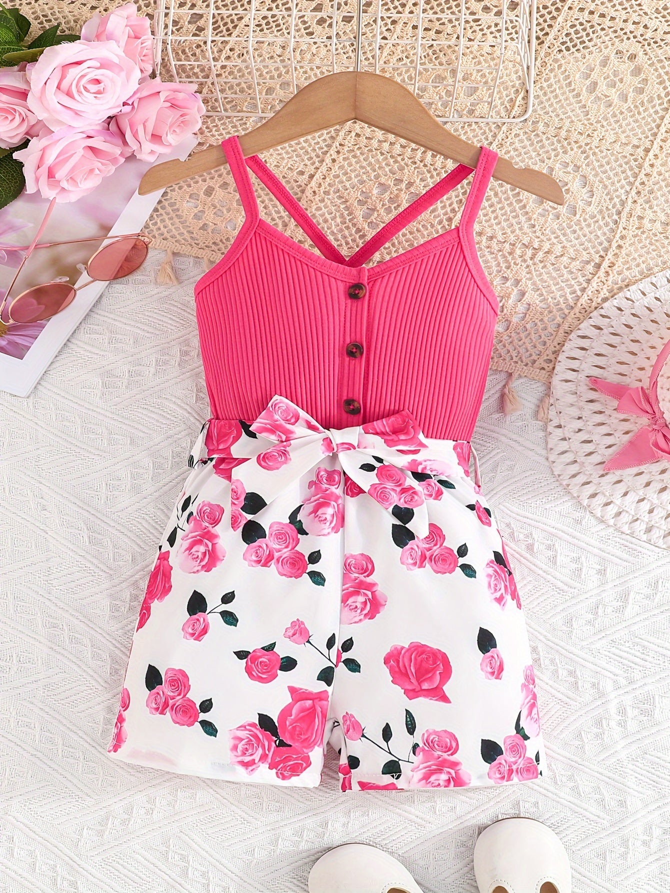 Girls' Summer Casual Floral Print Off-Shoulder Jumpsuit with Adjustable Waist Belt - Lightweight Breathable Shorts for Outdoor Play & Daily Wear, Blue & White Flower Design, Perfect for Weekend Outings, Cute Outfits for Girls