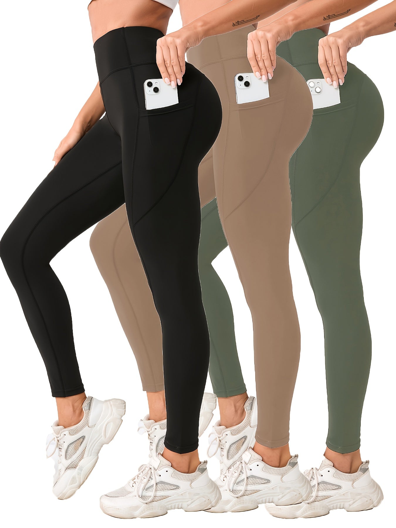3pcs High-Waist Yoga Leggings with Pockets - Tummy Control, Slimming Effect, Stretchy & Breathable Fabric, Black/Brown/Gray, Perfect for Yoga & Casual Attire