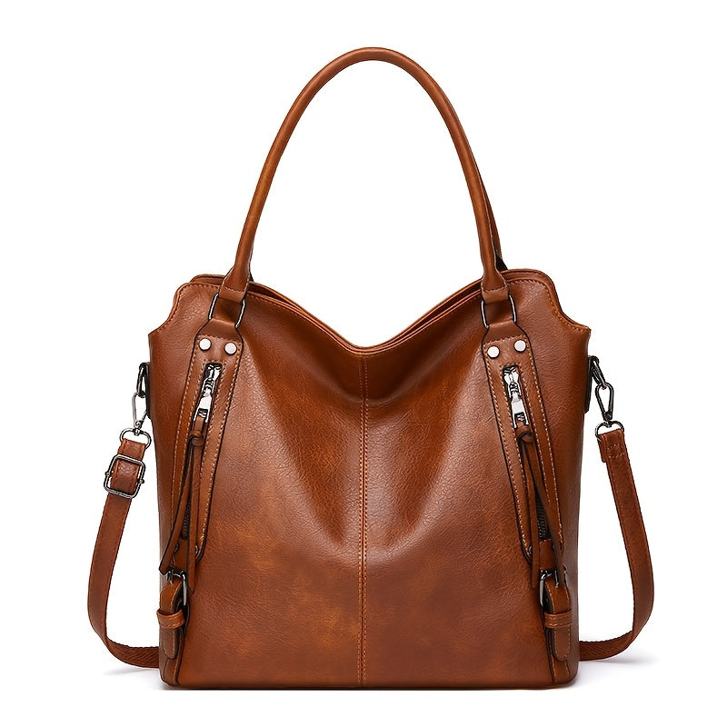 Women'S Large Capacity Tote Bag - Stylish Brown with Golden-Tone Hardware, Zipper Closure & Detachable Strap, Perfect for Work Or Everyday Use, Versatile Carryall | Elegant | Durable, Large Tote Bag