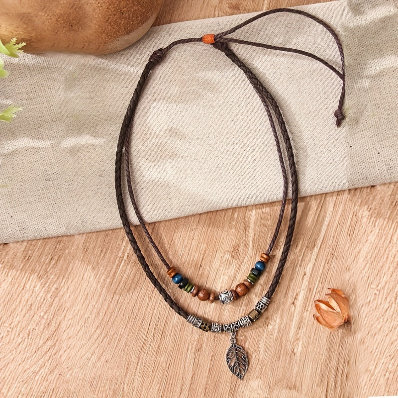Women's PU Leaf Wooden Bead Necklace Party Ornament Jewelry Gift