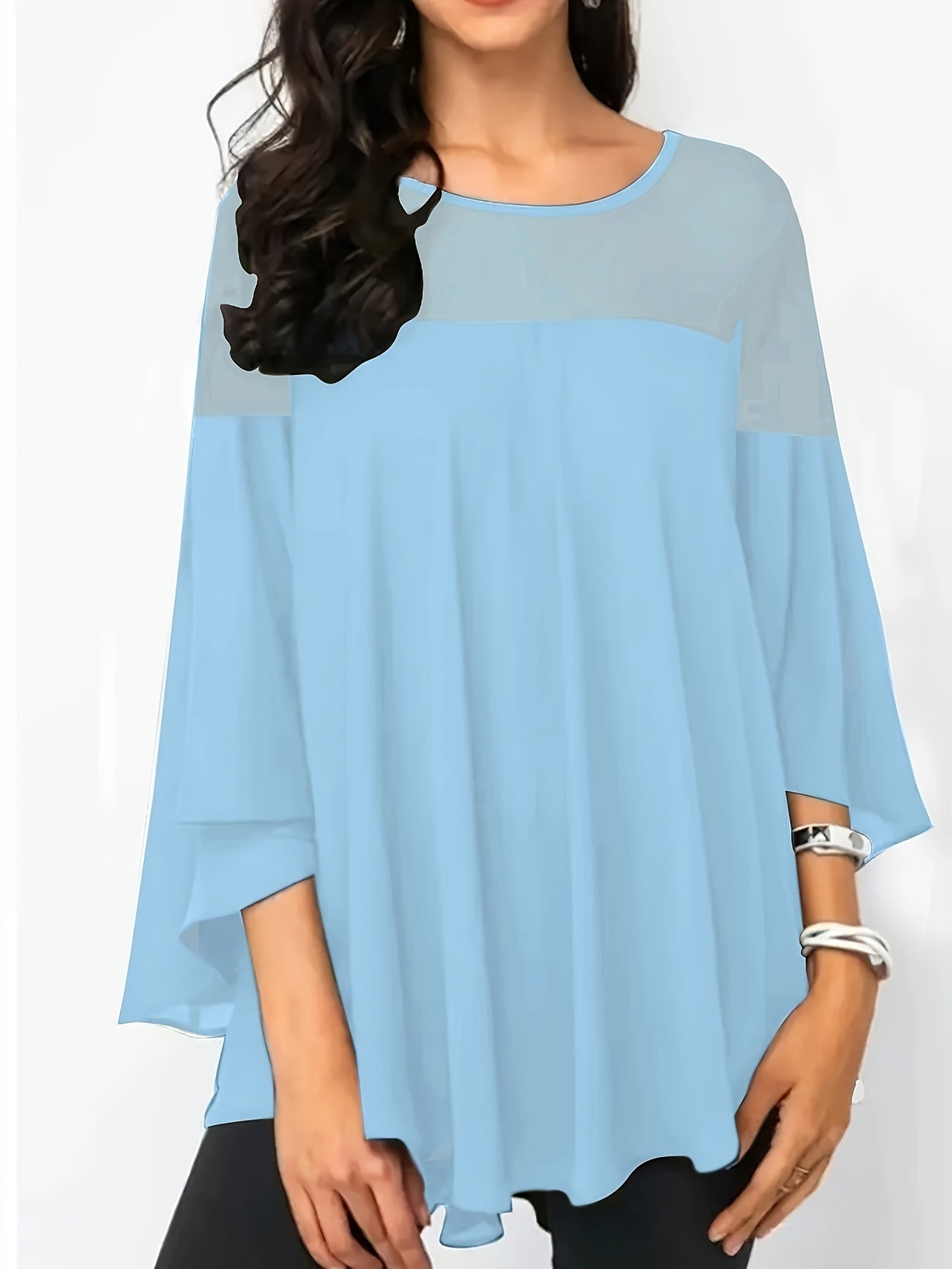 Plus Size Asymmetrical Hem Blouse, Casual Solid Crew Neck Blouse For Spring, Women's Plus Size Clothing