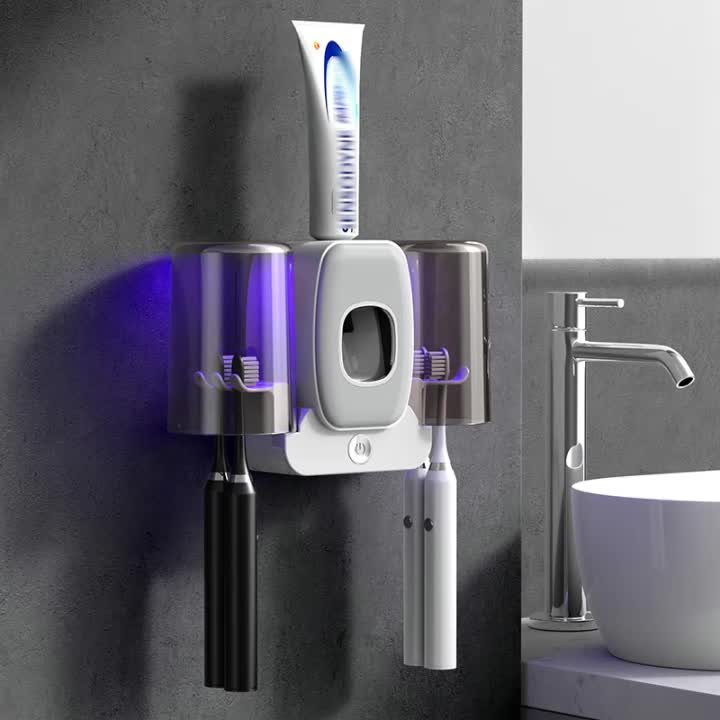 1pc Automatic Toothpaste Dispenser & Brush Holder, Toothbrush Holders With Automatic Toothpaste Squeezer Device For Bathrooms, Toothbrush Organizer With Cup, Wall Mounted Shower Room Decor Set