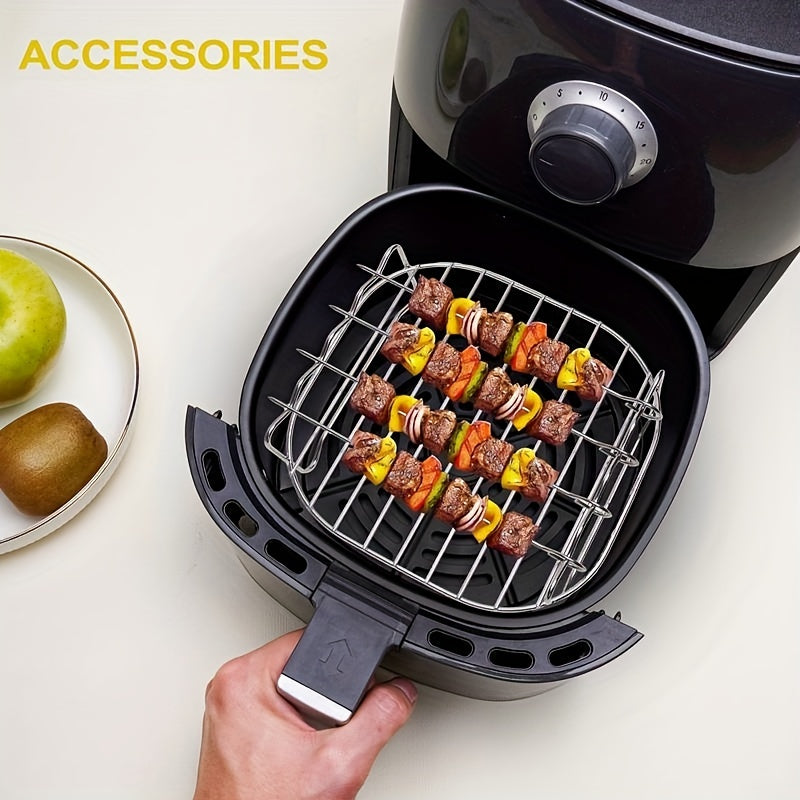 1pc, Air Fryer Rack With 4 Skewers, 19.0cm X 19.0cm X 6.99cm, Nonstick Stainless Steel Dehydrator Rack, Square Air Fryer Baking Rack, Baking Tools, Kitchen Gadgets, Kitchen Accessories