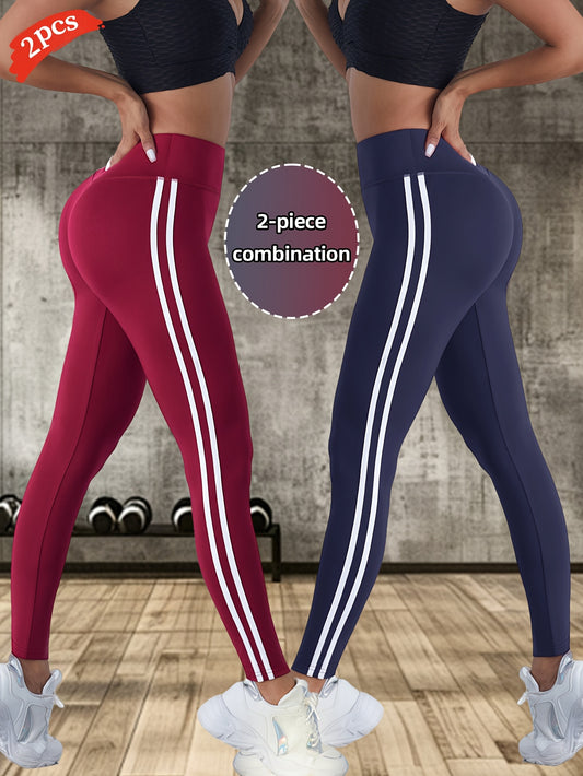 2pcs Women'S High-Waisted Yoga Pants - Breathable, Comfortable, and Tummy Control Workout Leggings with Side Stripes, Stretchy Fabric for Outdoor Fitness and Casual Wear, High Waisted Leggings